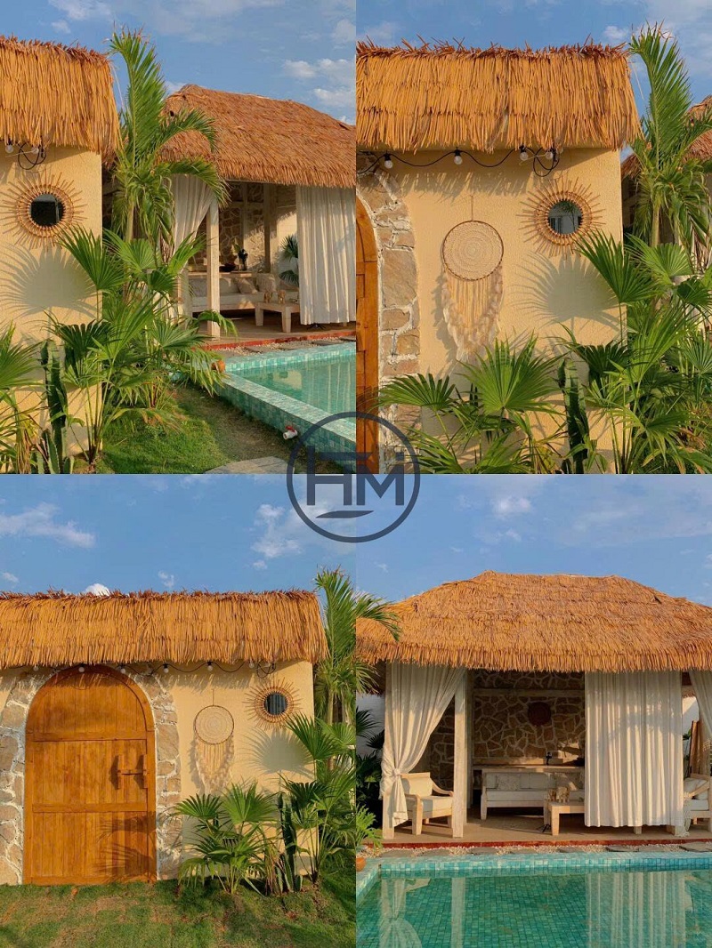 Mái lá nhân tạo lợp homestay vô cùng xinh đẹp với thiết kế đậm nét nhiệt đới